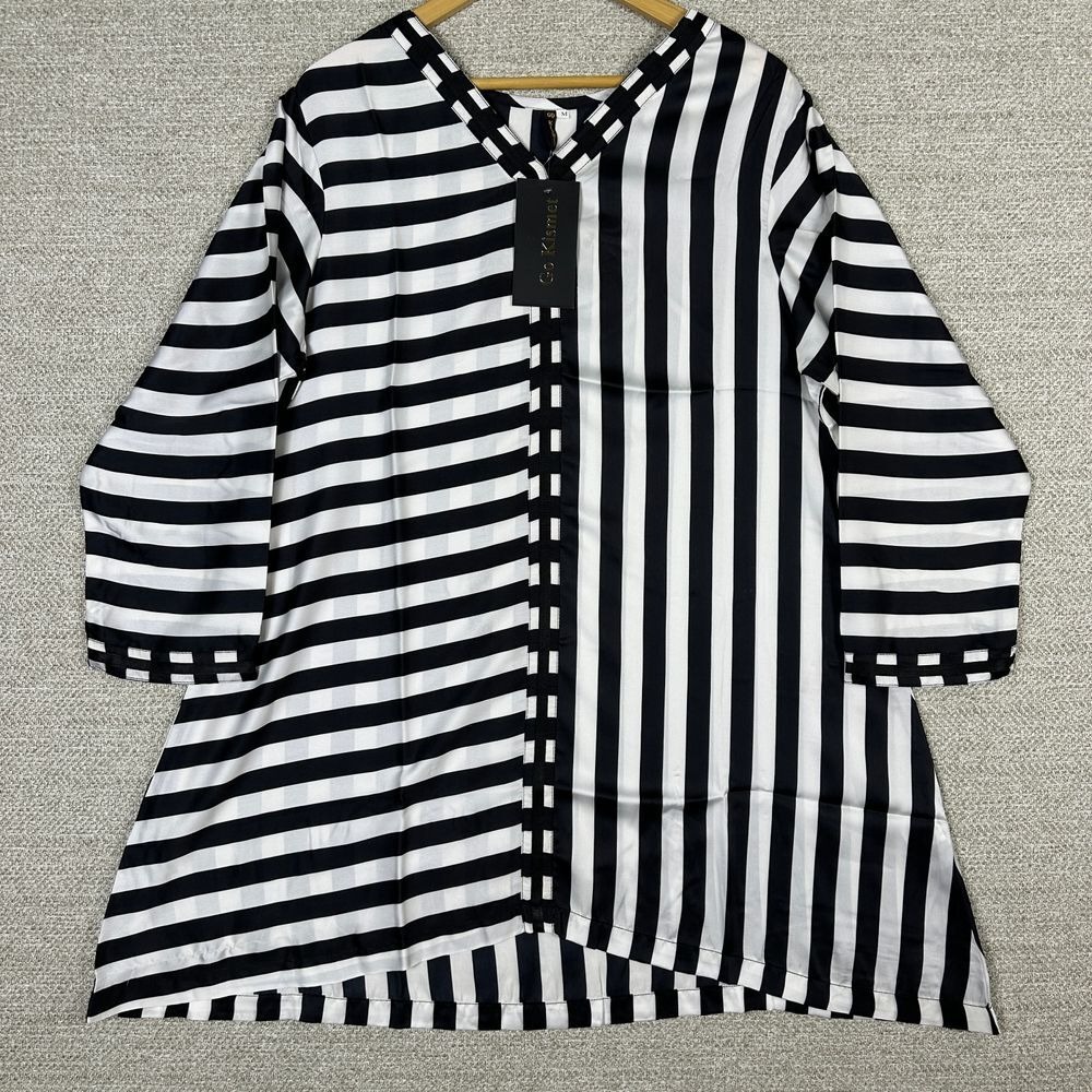 Go Kismet Sz M Top‎ Striped Tunic Top Black White Shark Bite 3/4 sleeve Artsy